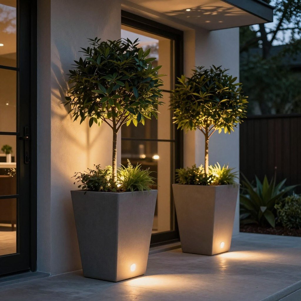 Tall planters with integrated lighting creating dramatic evening ambiance at a front entrance Tall planters with integrated lighting creating dramatic evening ambiance at a front entrance