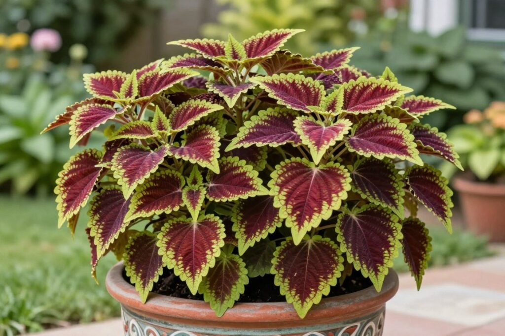 Tall upright coleus varieties with vibrant foliage in a decorative container