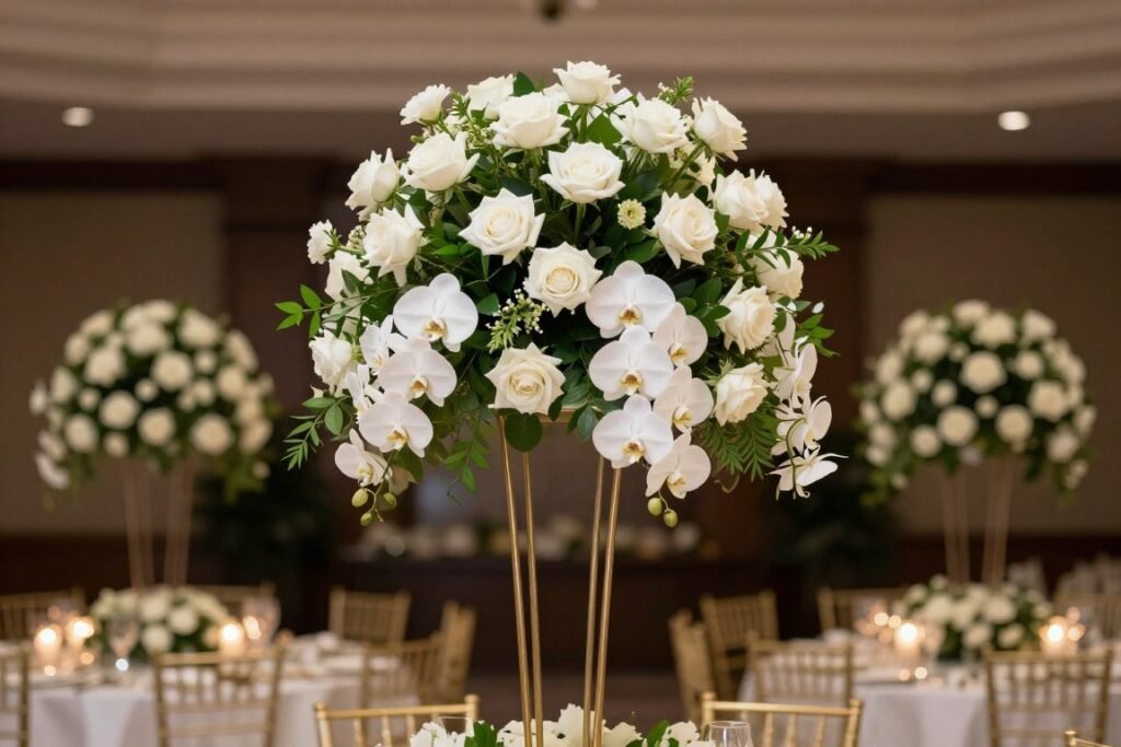 Tall wedding centerpiece arrangement with cascading flowers and greenery
