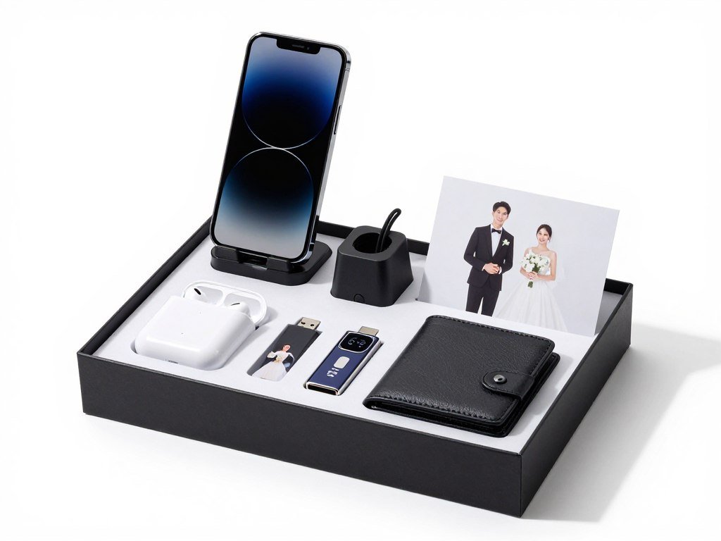 Tech-themed groomsmen proposal box with modern gadgets and accessories