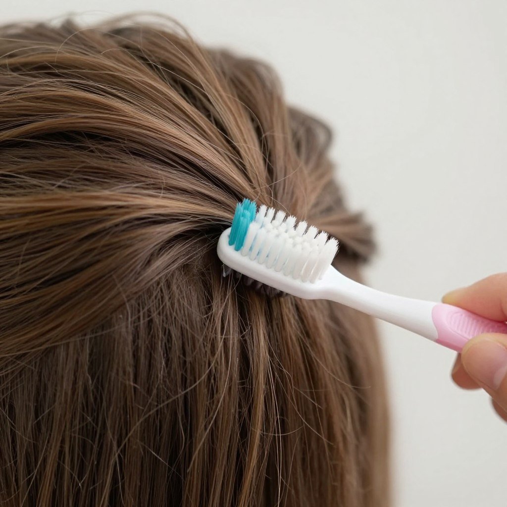 Technique for smoothing flyaway hairs in bridesmaid wedding hairstyle