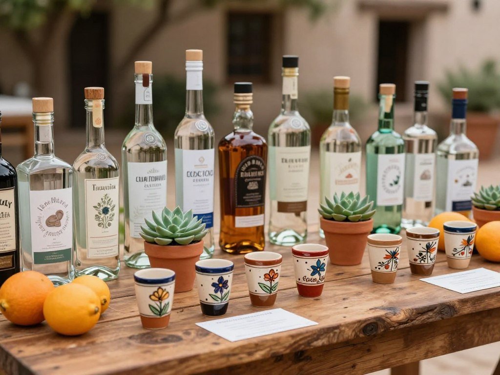 Tequila tasting station with hand-painted glasses and rustic wooden elements Tequila tasting station with hand-painted glasses and rustic wooden elements