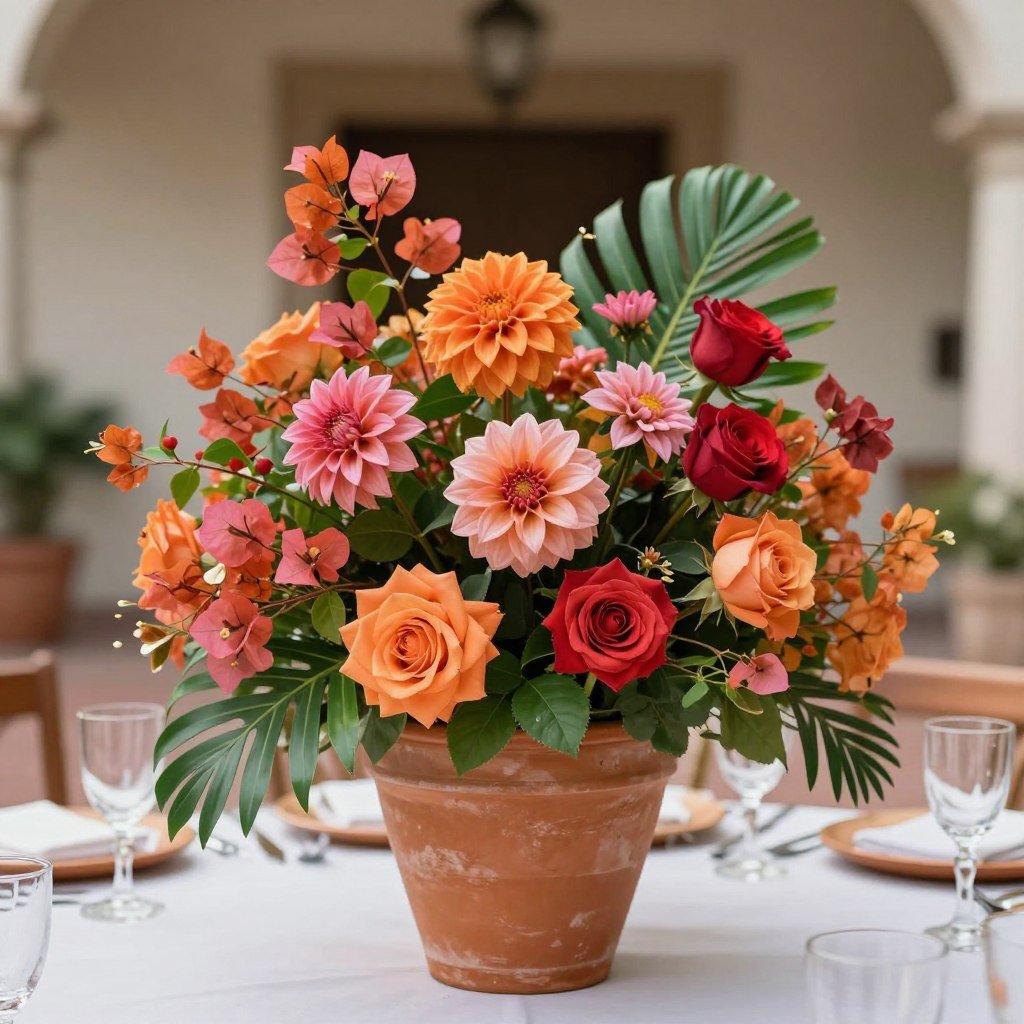 Terracotta pots with vibrant flowers as centerpieces for hacienda wedding tables Terracotta pots with vibrant flowers as centerpieces for hacienda wedding tables