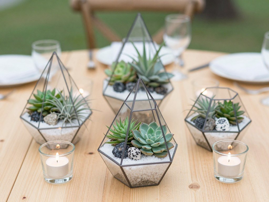 Terrarium centerpieces with succulents and air plants for wedding table decoration