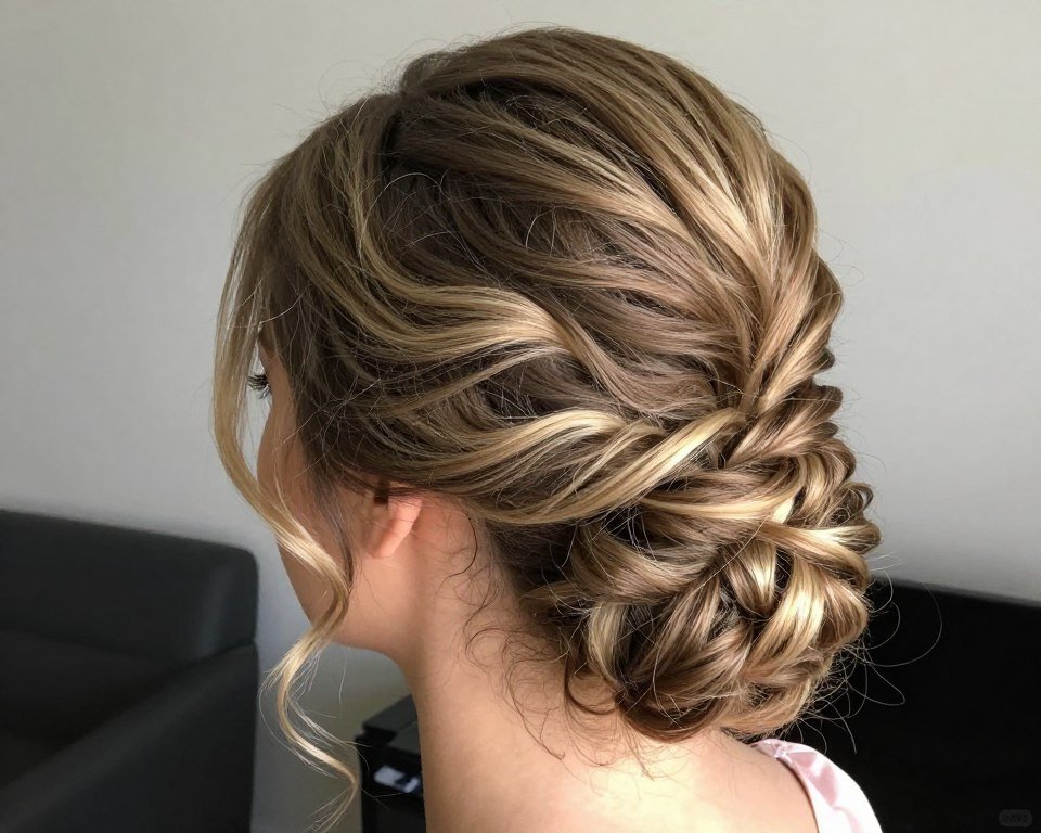 Textured bridesmaid updo with volume and dimensional styling details Textured bridesmaid updo with volume and dimensional styling details