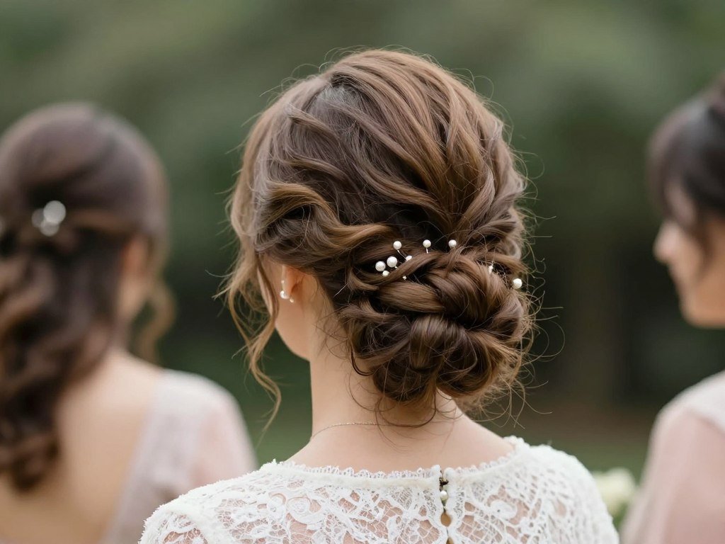 Textured low bun bridesmaid hairstyle with loose pieces for romantic wedding