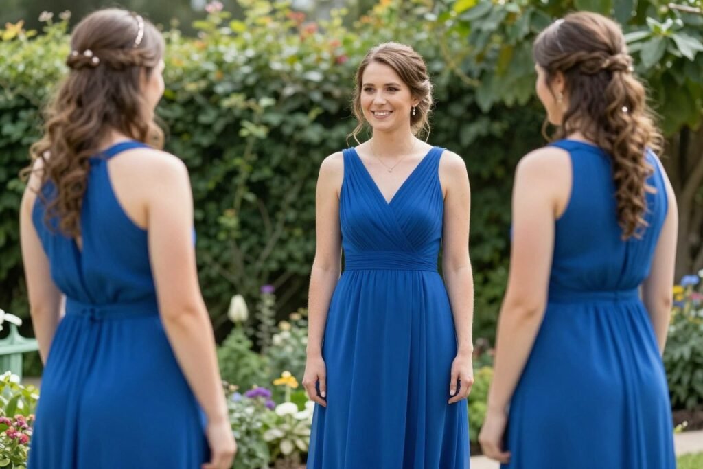 Three bridesmaids wearing royal blue chiffon dresses standing together outdoors