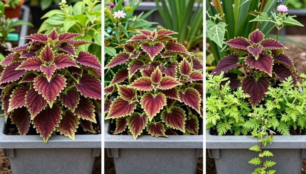 Three container arrangements showing coleus used as thriller, filler, and spiller