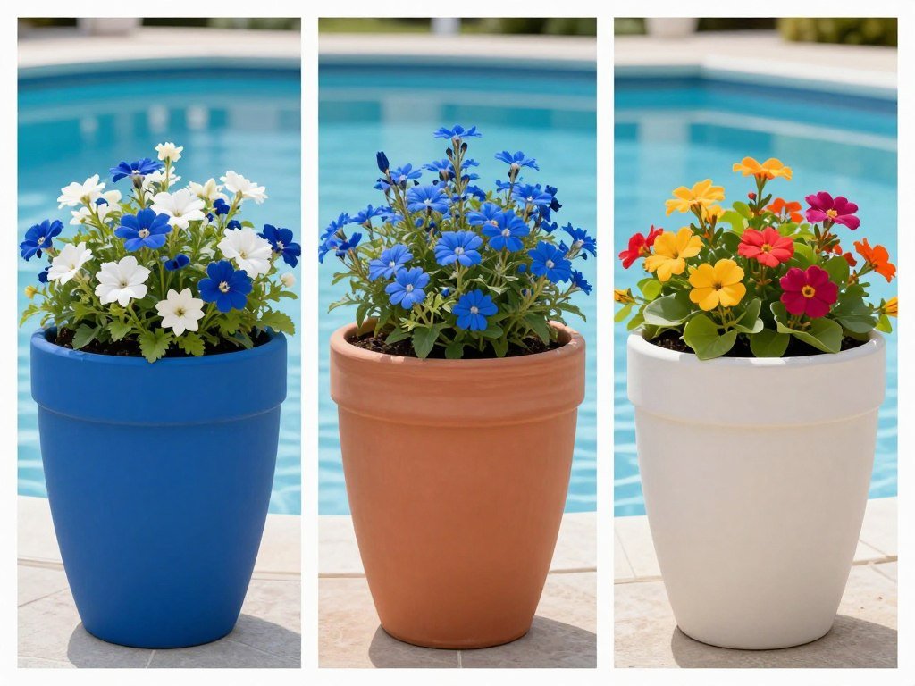 Three different color schemes for poolside planters: monochromatic blue, complementary orange and blue, and neutral with colorful accents