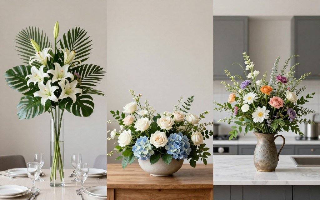 Three different fake flowers decor arrangements showing various styles and techniques for different home settings Three different fake flowers decor arrangements showing various styles and techniques for different home settings