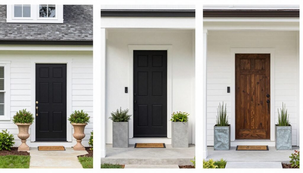 Three different home styles with matching front door planters showing traditional, modern, and farmhouse aesthetics Three different home styles with matching front door planters showing traditional, modern, and farmhouse aesthetics