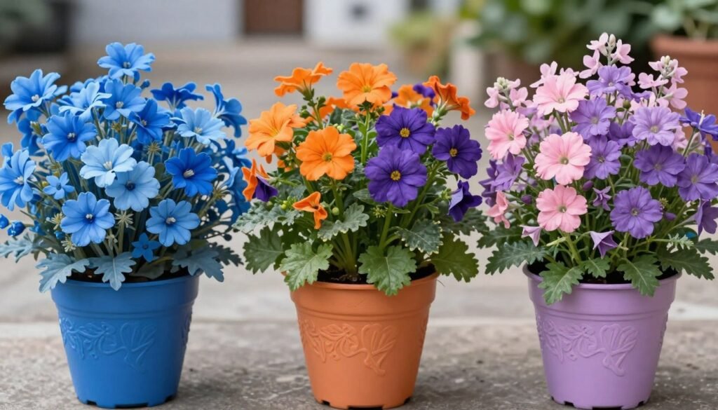 Three planter arrangements showcasing different color schemes: monochromatic blues, complementary orange and purple, and analogous pink-purple-blue combinations