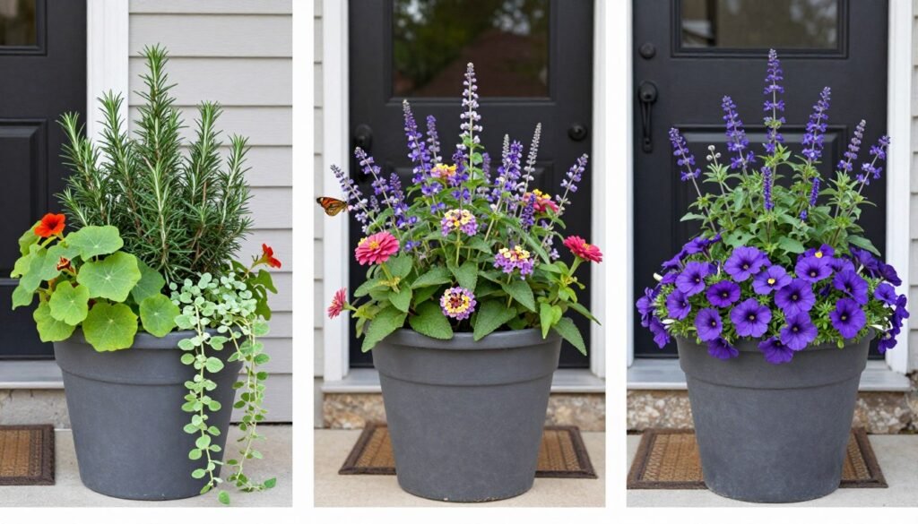 Three themed front door planter designs showing herb garden, butterfly garden, and monochromatic arrangements Three themed front door planter designs showing herb garden, butterfly garden, and monochromatic arrangements