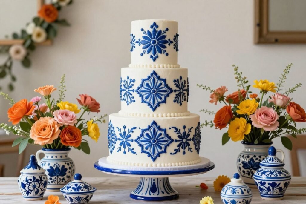 Three-tier wedding cake with hand-painted Talavera-inspired blue and white patterns Three-tier wedding cake with hand-painted Talavera-inspired blue and white patterns