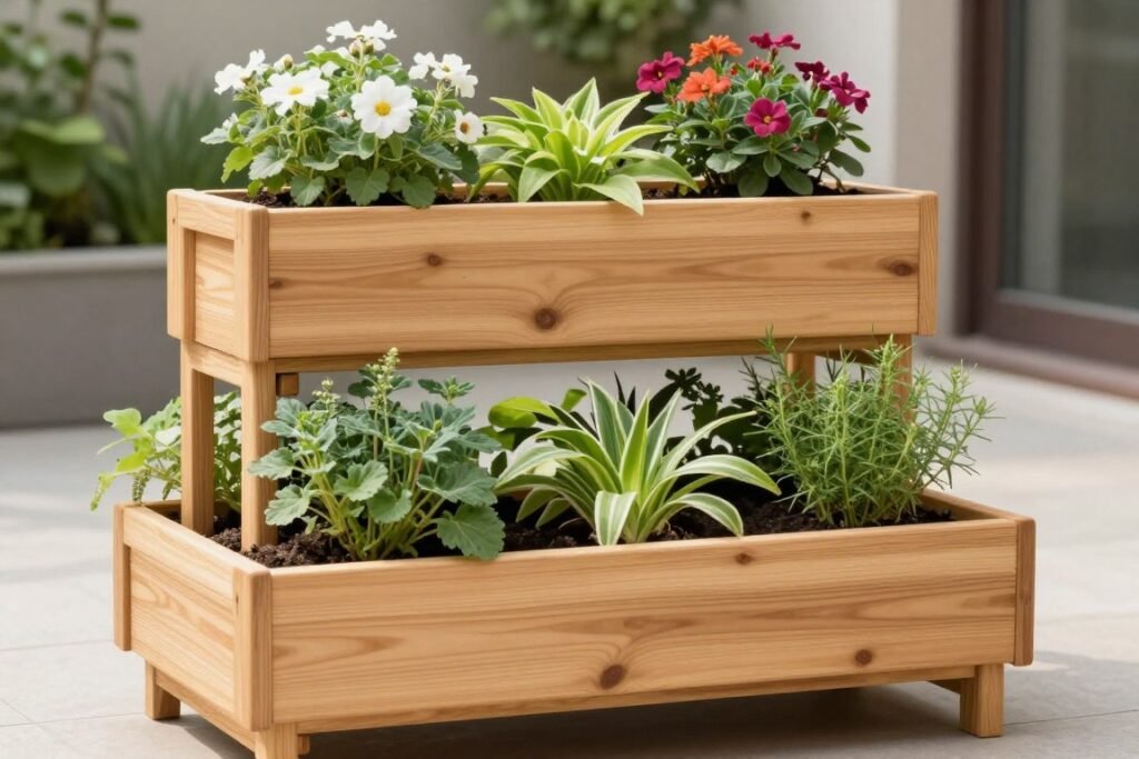 Three-tiered cedar planter with different plants on each level Three-tiered cedar planter with different plants on each level