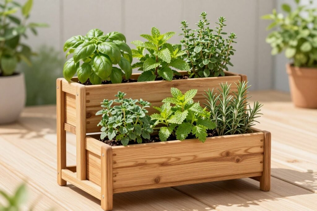 Three-tiered wooden herb garden planter with various herbs labeled Three-tiered wooden herb garden planter with various herbs labeled
