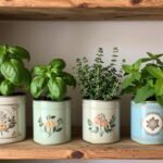30 Creative Herb Planter Ideas for Indoor & Outdoor Gardens Three vintage tea tins in different colors and patterns repurposed as herb planters with basil, thyme, and mint growing in them, arranged on a rustic wooden shelf