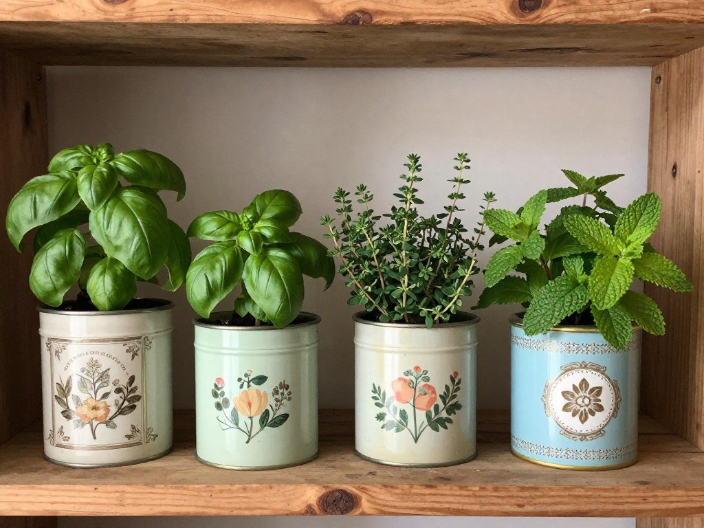 Three vintage tea tins in different colors and patterns repurposed as herb planters with basil, thyme, and mint growing in them, arranged on a rustic wooden shelf