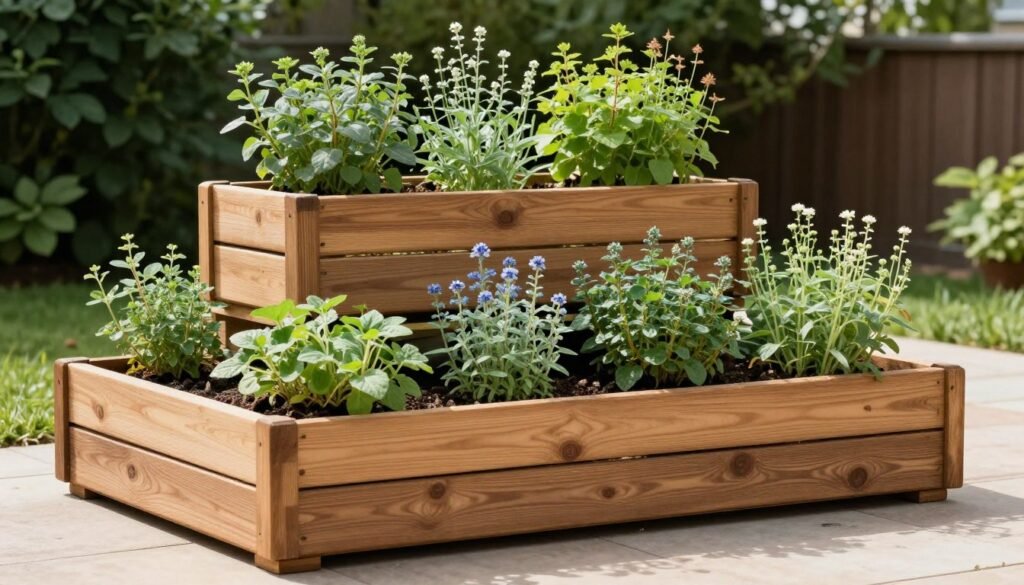 Three wooden garden boxes of decreasing size stacked to create a tiered effect, each planted with different herbs Three wooden garden boxes of decreasing size stacked to create a tiered effect, each planted with different herbs