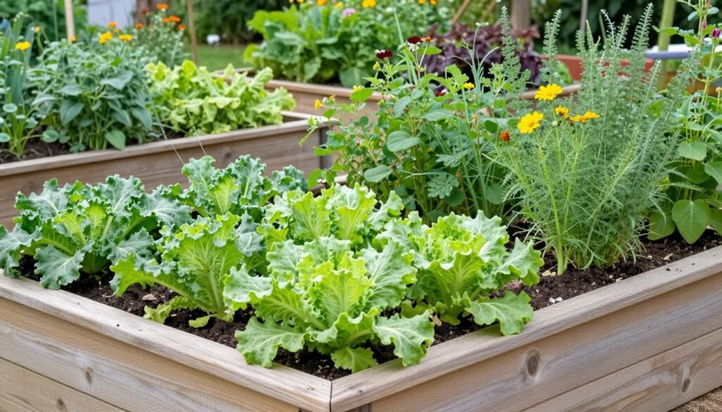 Thriving vegetable garden in cedar raised planter boxes