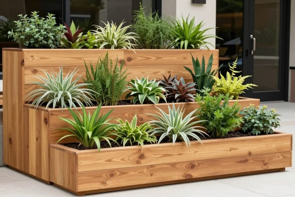 Tiered arrangement of cedar planters creating a plant stand effect Tiered arrangement of cedar planters creating a plant stand effect