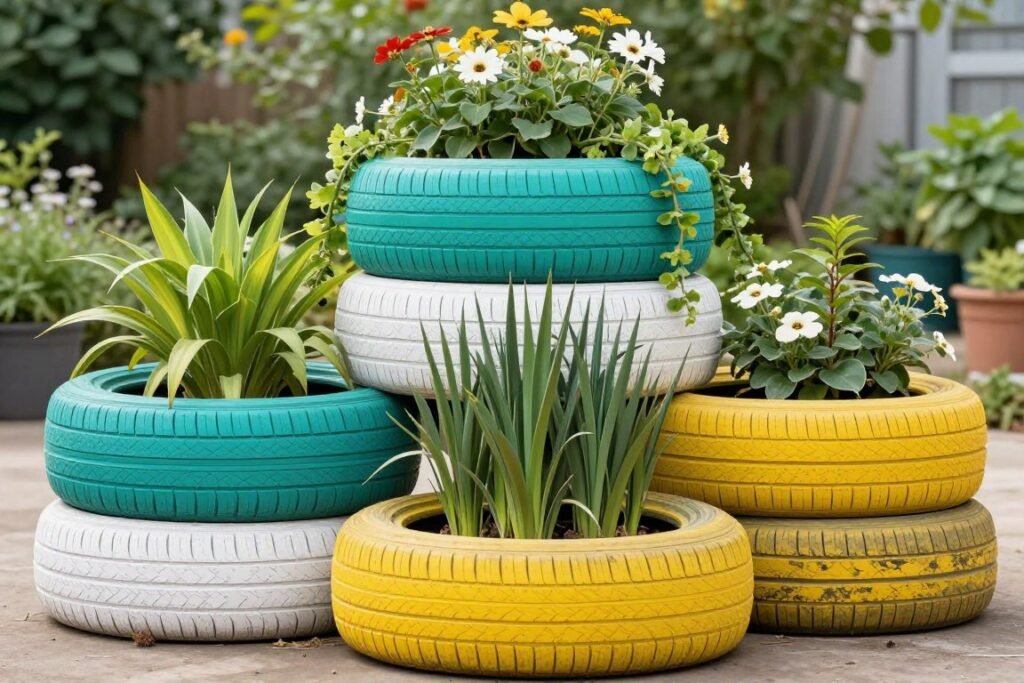 Tiered garden display made from stacked tires of different sizes painted in coordinating colors