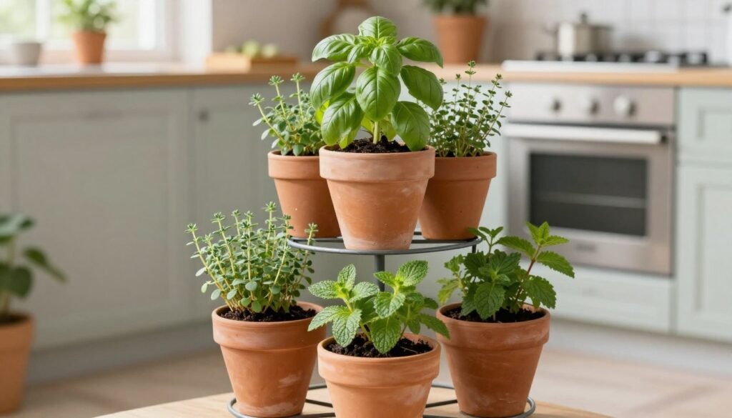 Tiered herb garden made from terracotta pots stacked on a rod