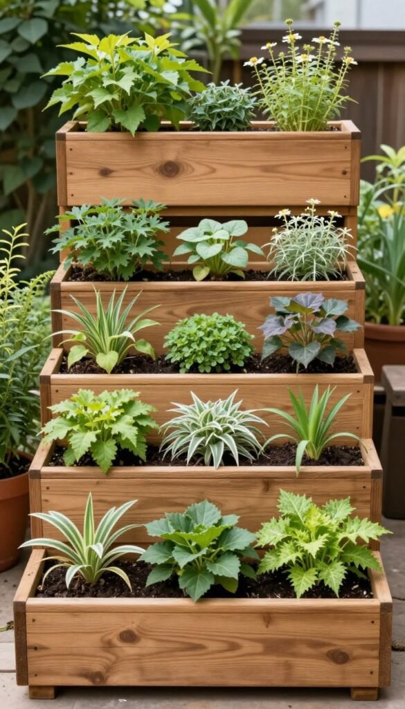 Tiered planter box with multiple levels for different plants