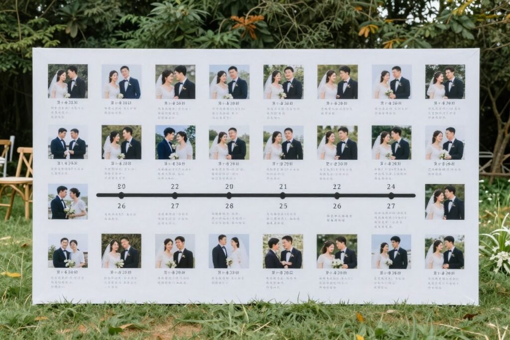 Timeline or story display about the couple at backyard wedding