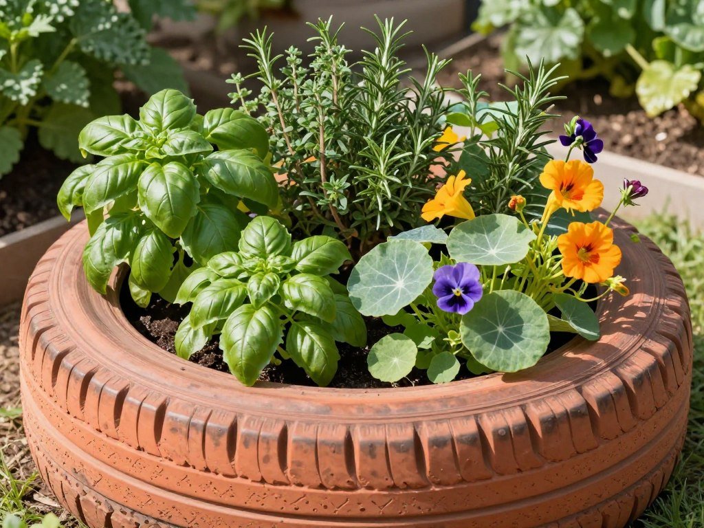 Tire planter filled with a variety of herbs and edible flowers in a sunny garden location