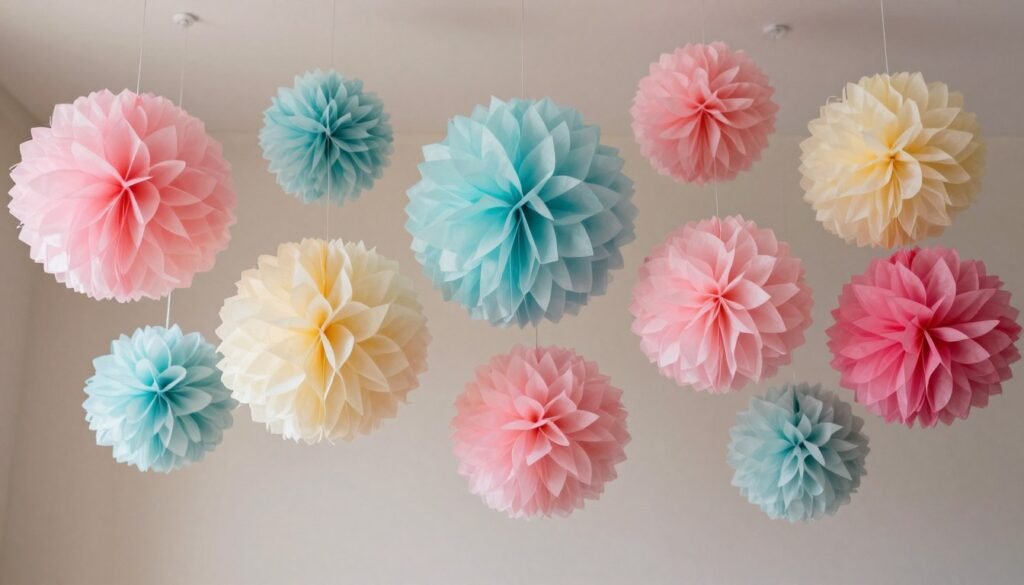 Tissue paper pom poms in various sizes hanging as bridal shower decorations