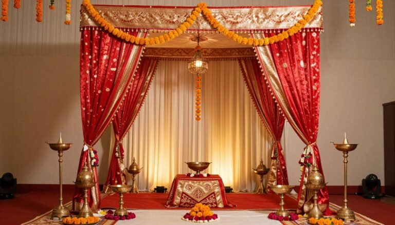 Traditional desi wedding mandap with red and gold decorations, marigold garlands, and ornate details