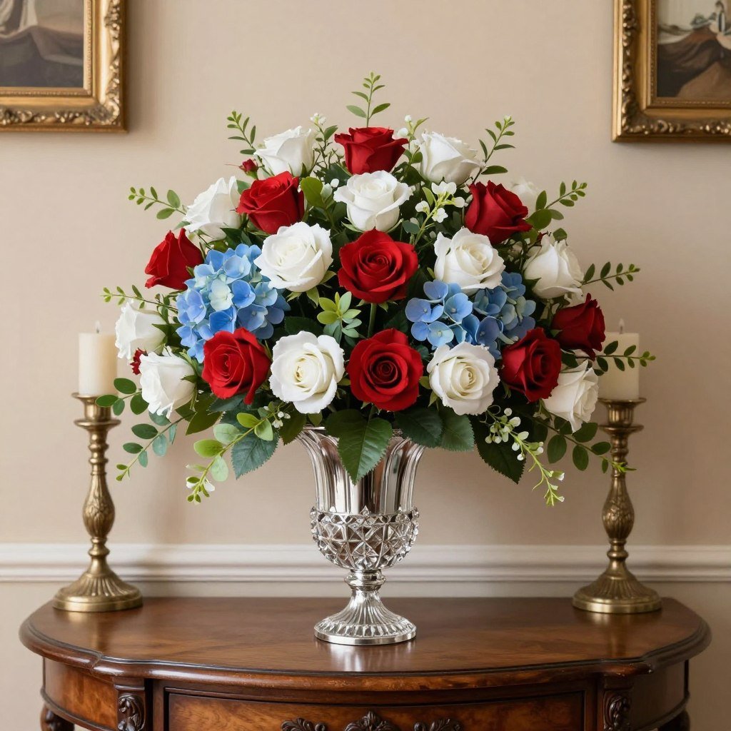 Traditional fake flowers decor arrangement featuring roses, hydrangeas, and greenery in a classic vase Traditional fake flowers decor arrangement featuring roses, hydrangeas, and greenery in a classic vase