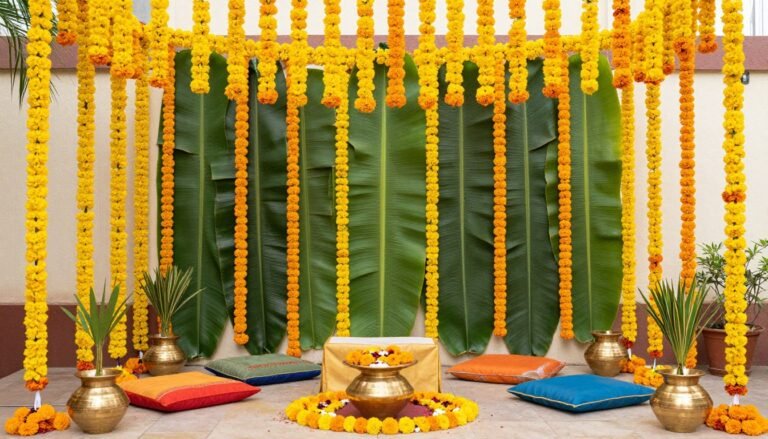 Traditional haldi decoration with marigold flowers and banana leaves