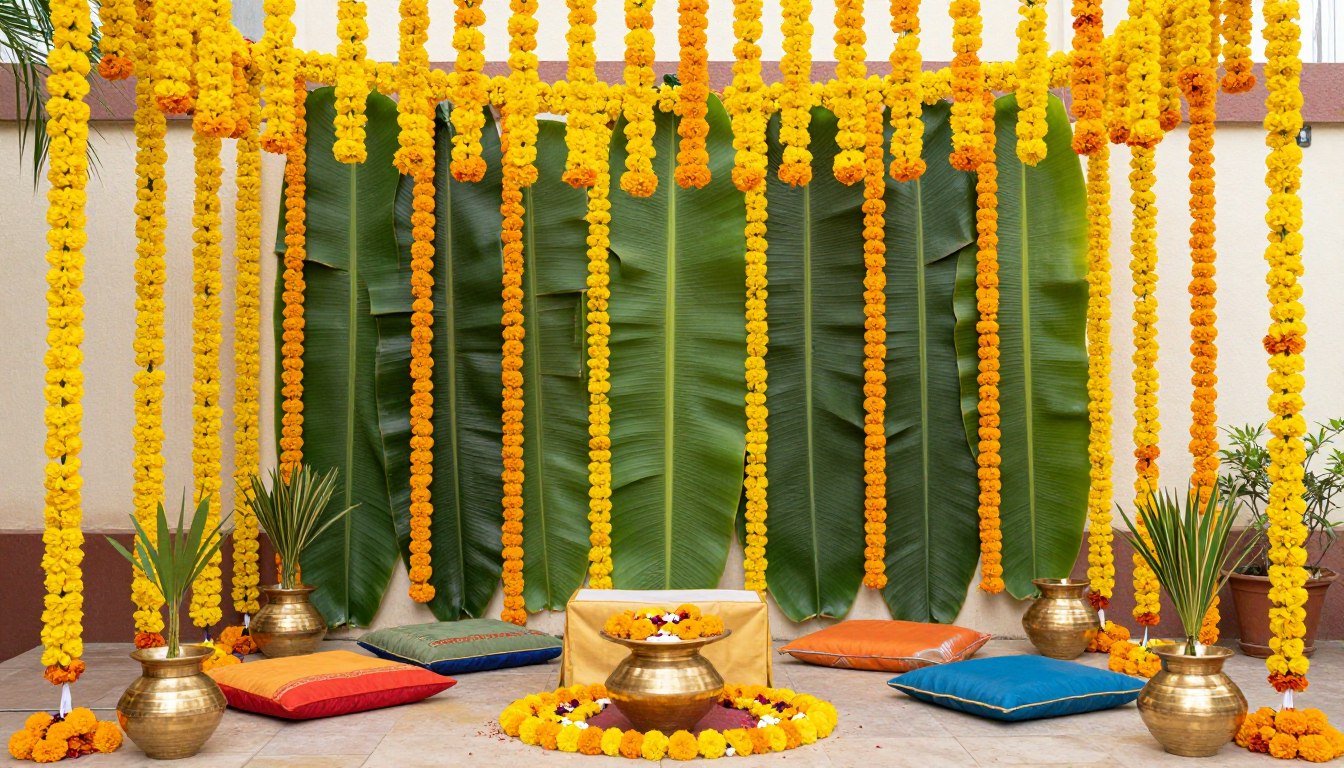 Traditional haldi decoration with marigold flowers and banana leaves