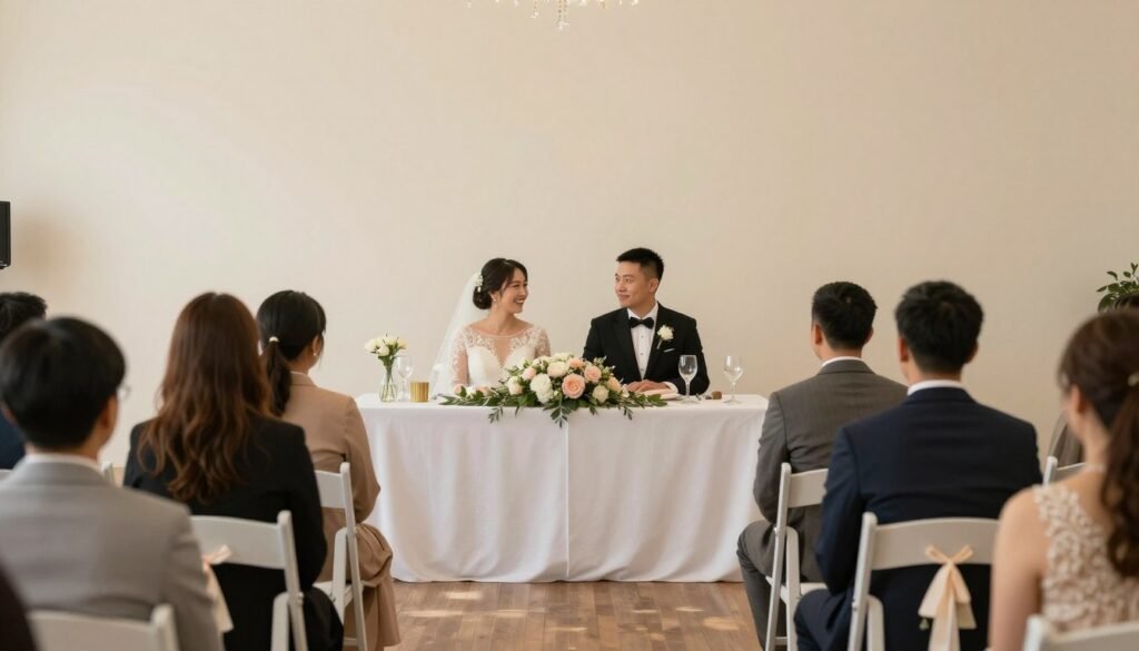 Traditional straight wedding head table with wedding party seated in a row