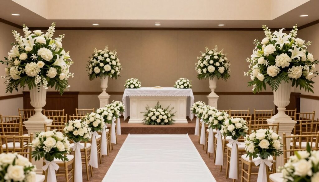 Traditional wedding ceremony setup with white floral altar arrangements and aisle decorations