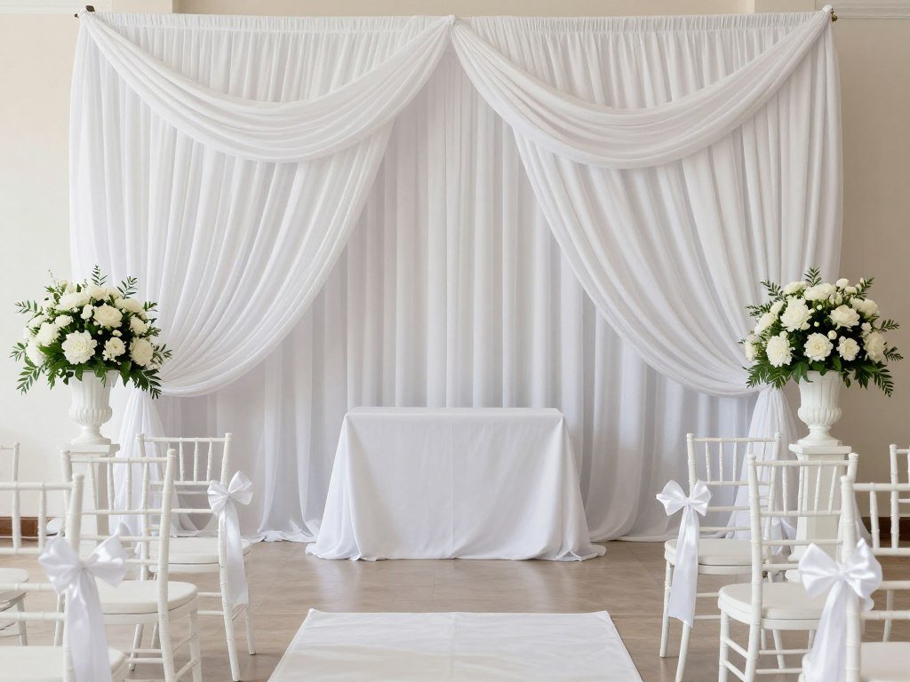 Traditional wedding ceremony space with white drapery and floral arrangements