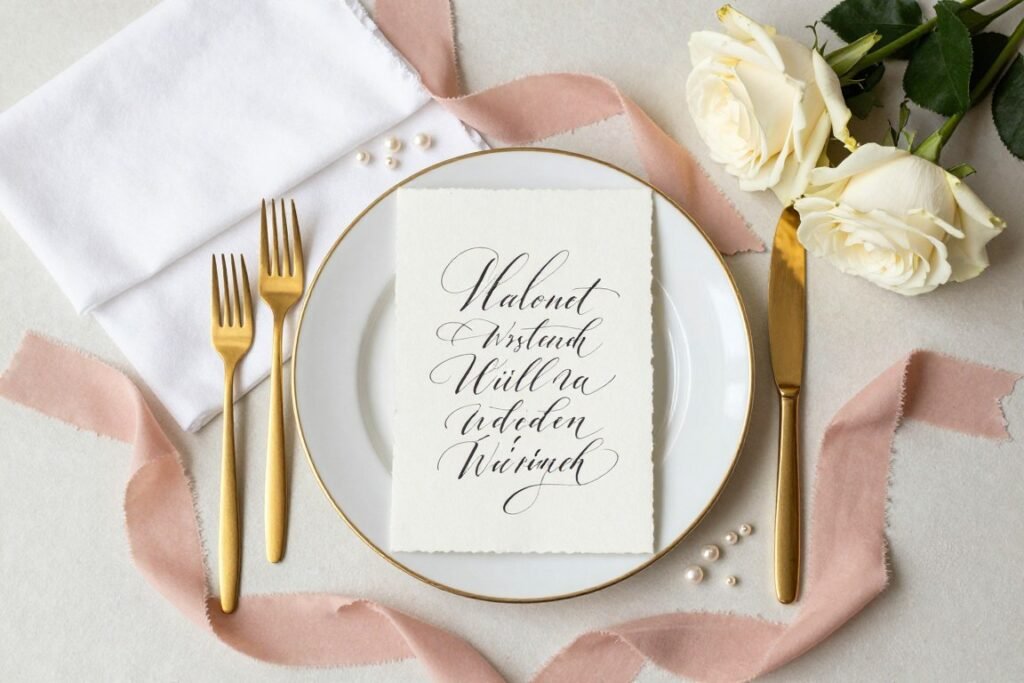 Traditional wedding color palette with white, ivory, gold accents, and soft blush details