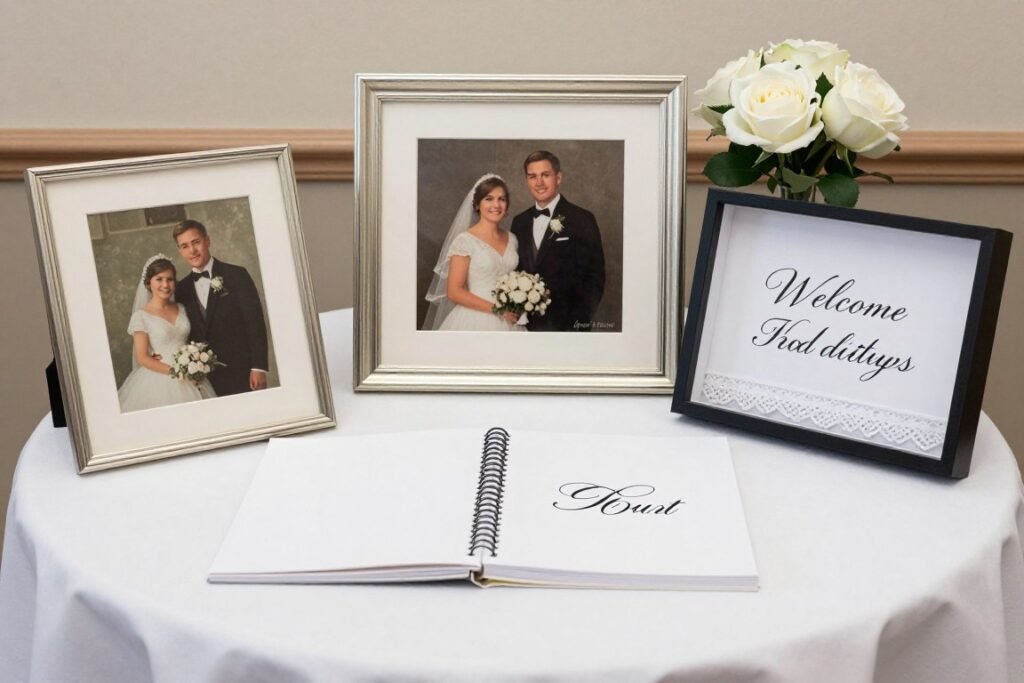 Traditional wedding decor with personal touches including family heirlooms and monogrammed elements