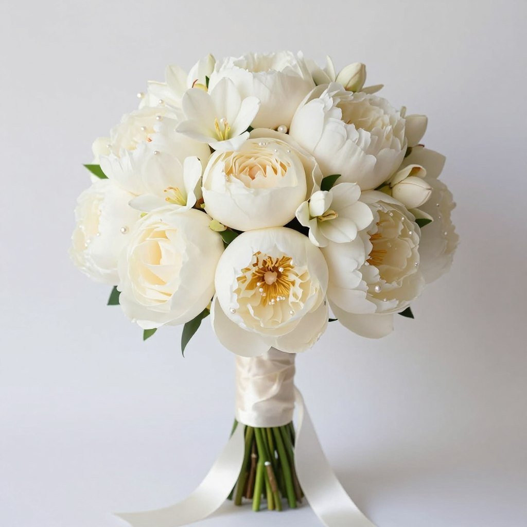 Traditional white bridal bouquet with roses, peonies, and silk ribbon