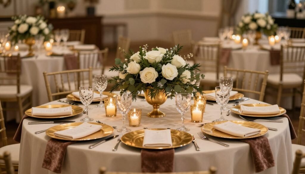 Traditional winter wedding reception with rich ivory tones, candles, and seasonal greenery