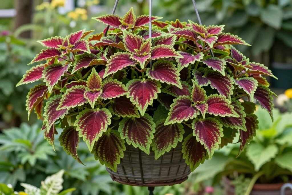 Trailing coleus varieties cascading over the edges of a hanging basket