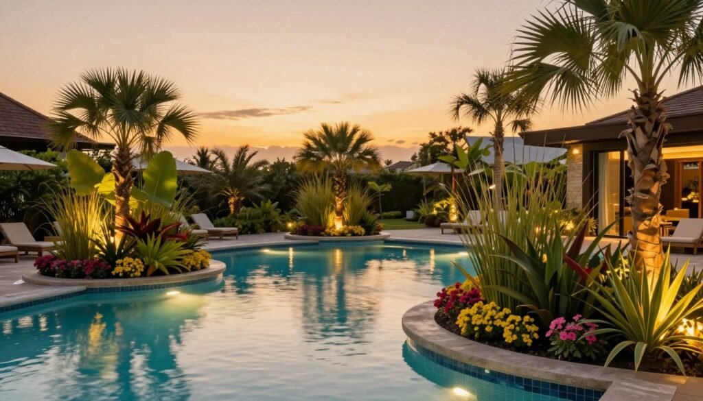 Transformed pool area with lush planters creating a resort-like atmosphere at sunset Transformed pool area with lush planters creating a resort-like atmosphere at sunset