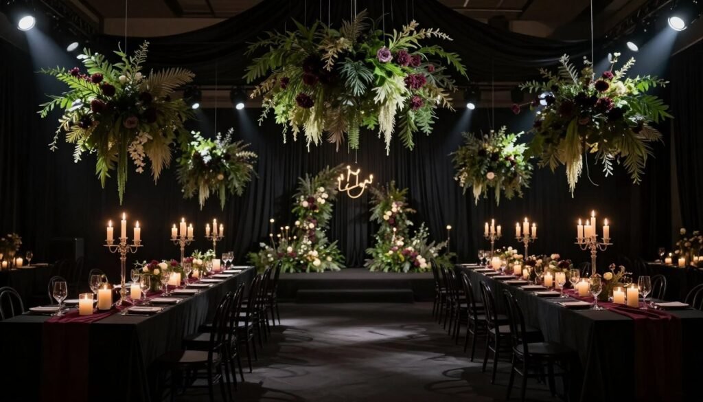 Transformed wedding venue with moody decor and dramatic lighting Transformed wedding venue with moody decor and dramatic lighting