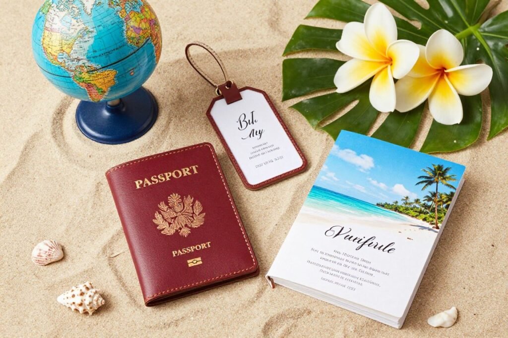 Travel-themed bridesmaid proposal with passport holder, luggage tag, and destination wedding invitation