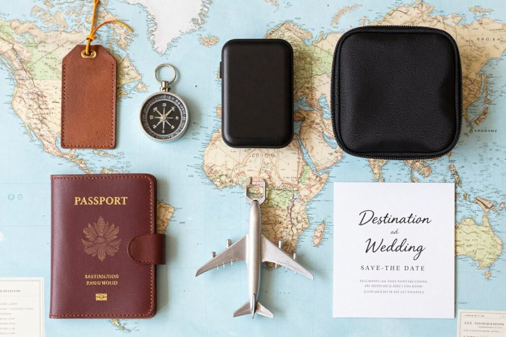 Travel-themed groomsmen proposal items including passport holder and travel accessories