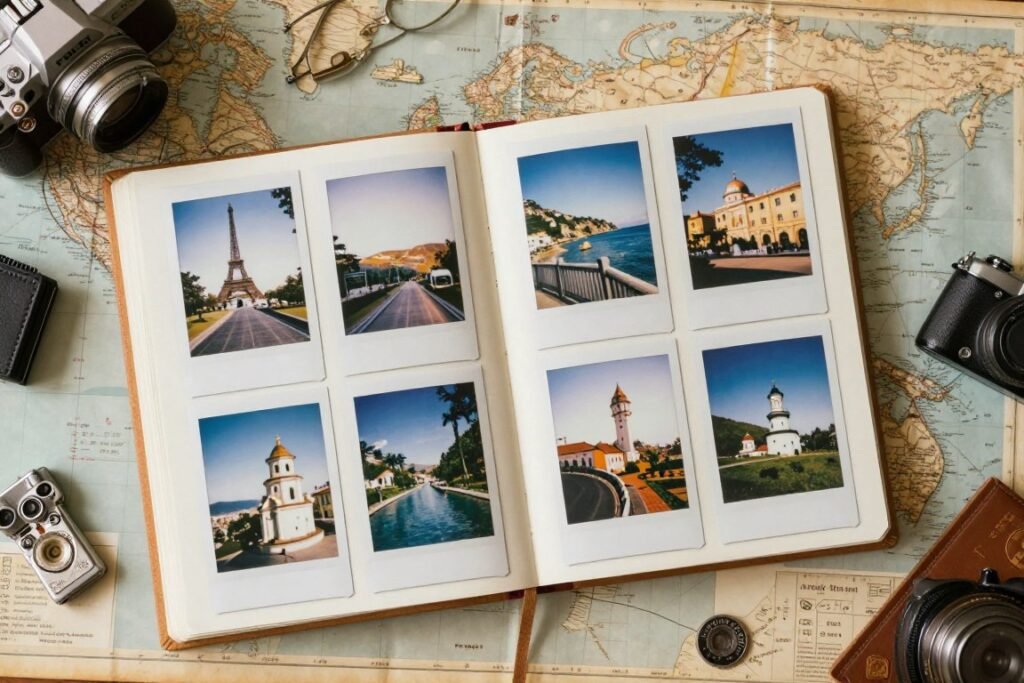 Travel themed polaroid photo collection in album Travel themed polaroid photo collection in album
