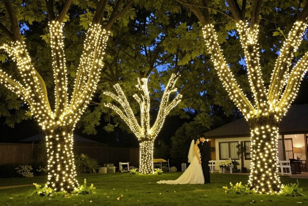 Trees wrapped with fairy lights at wedding