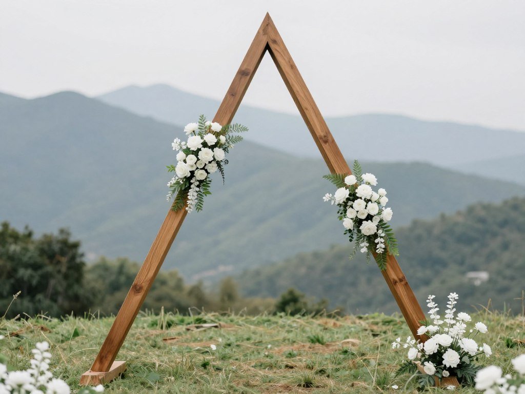 Triangle wooden arch decoration wedding with minimalist floral accents